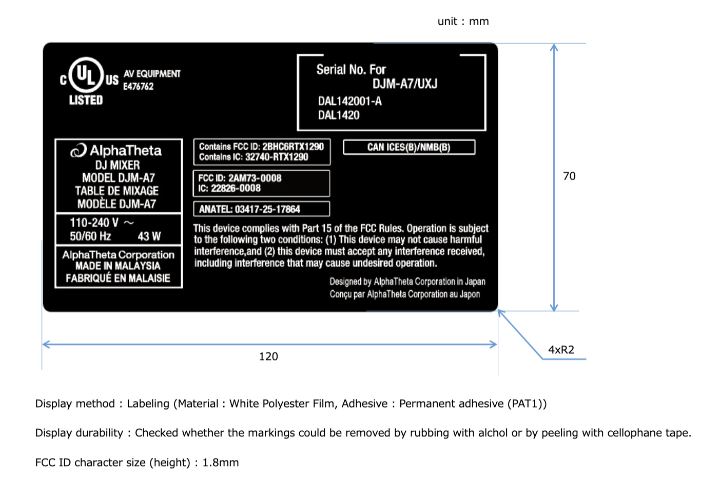 The DJM-A7 product label from the FCC filing