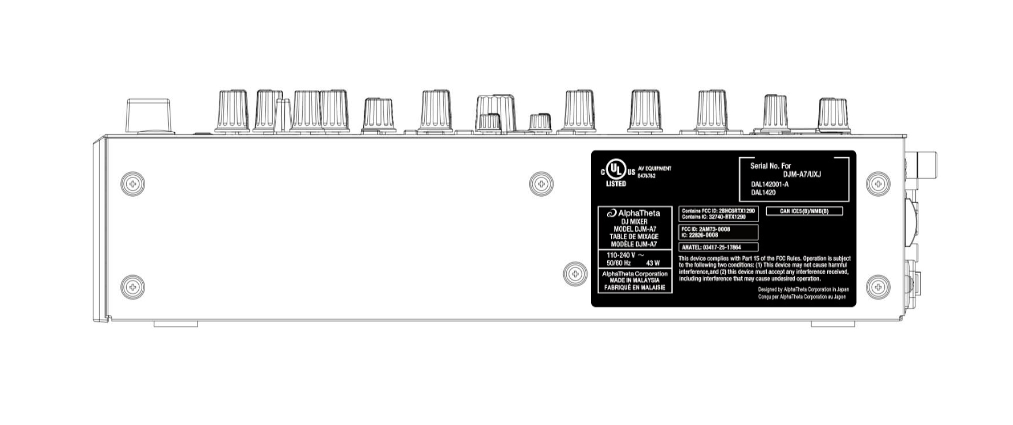 The DJM-A7 side-profile label-placement drawing from the FCC filing