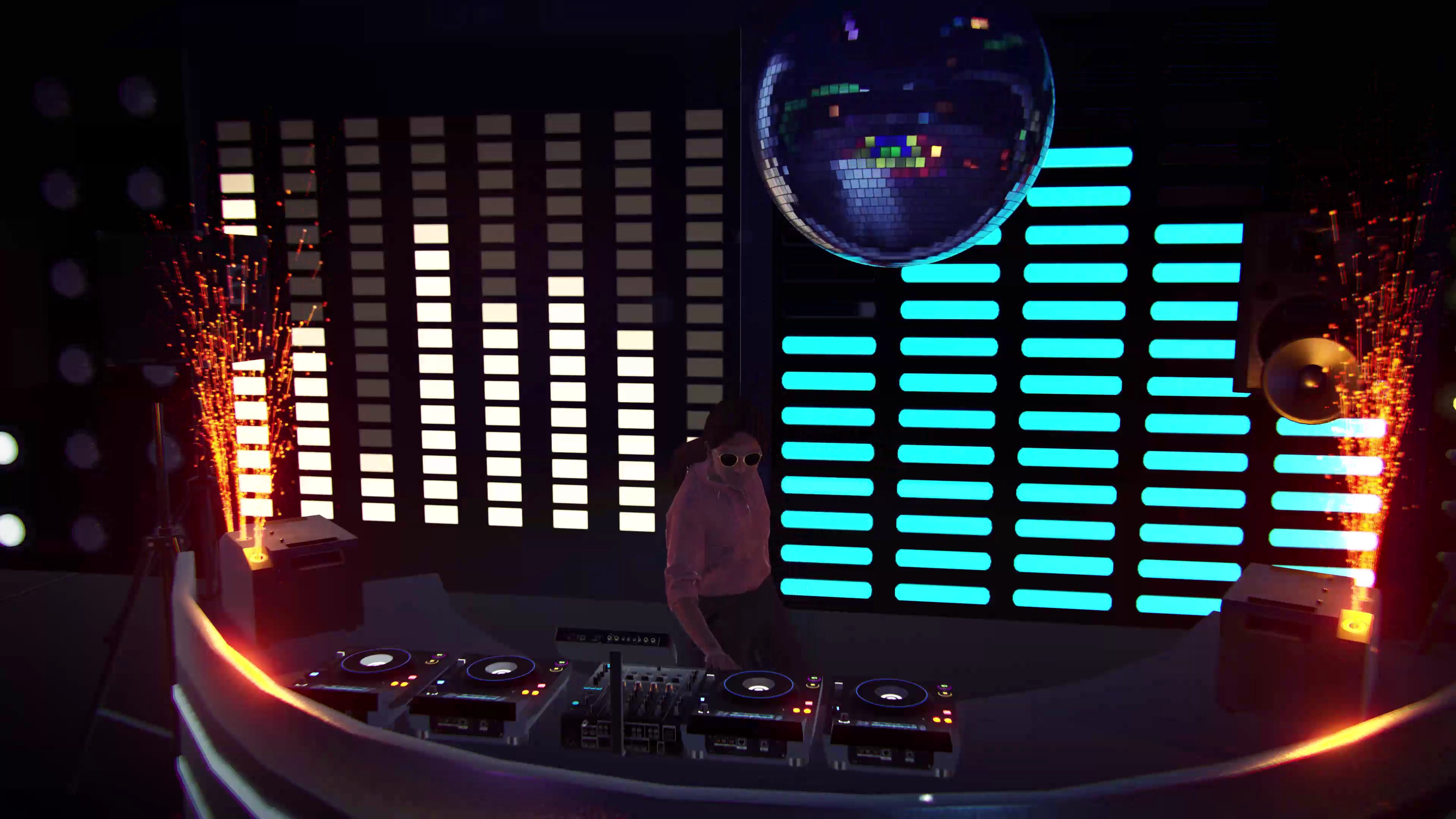 A DJ performing on a festival-scale stage in DJ Life Simulator, lit by a large LED display and pyrotechnics
