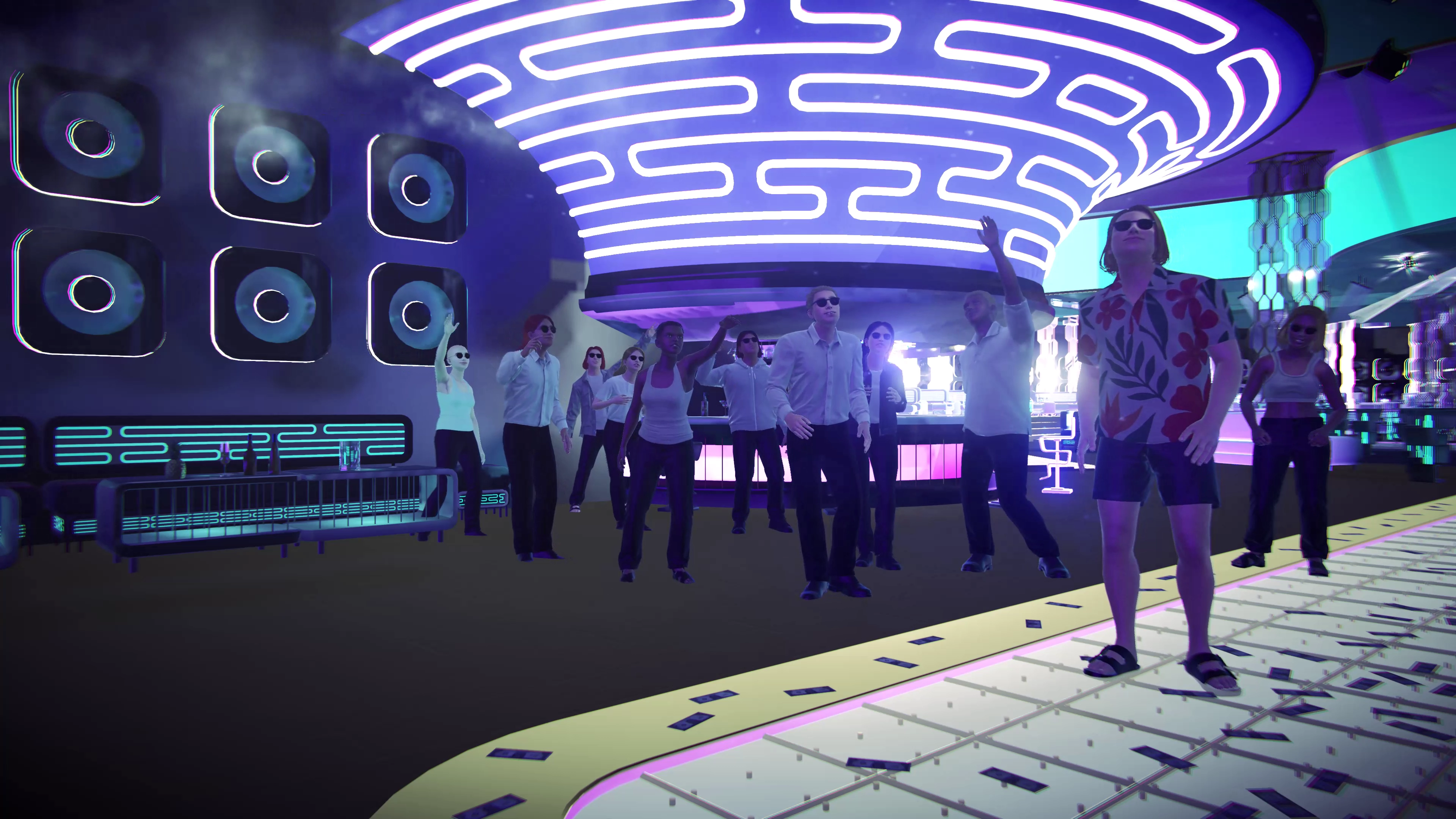 A large crowd dancing beneath a neon-lit tunnel ceiling in one of DJ Life Simulator&rsquo;s club environments