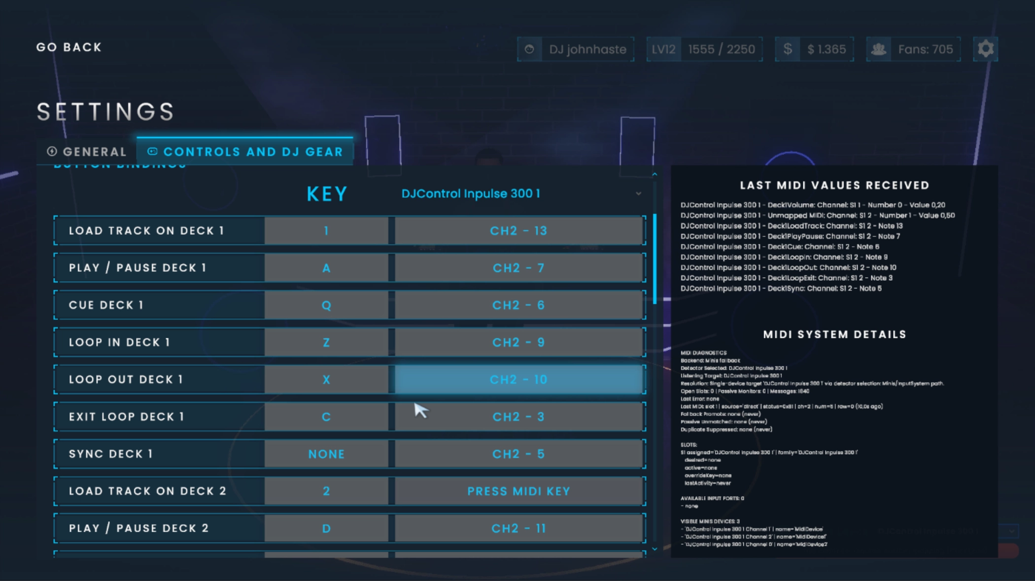 The DJ Life Simulator controls settings screen, showing a manual MIDI mapping table and live MIDI diagnostics for a DJControl Inpulse 300