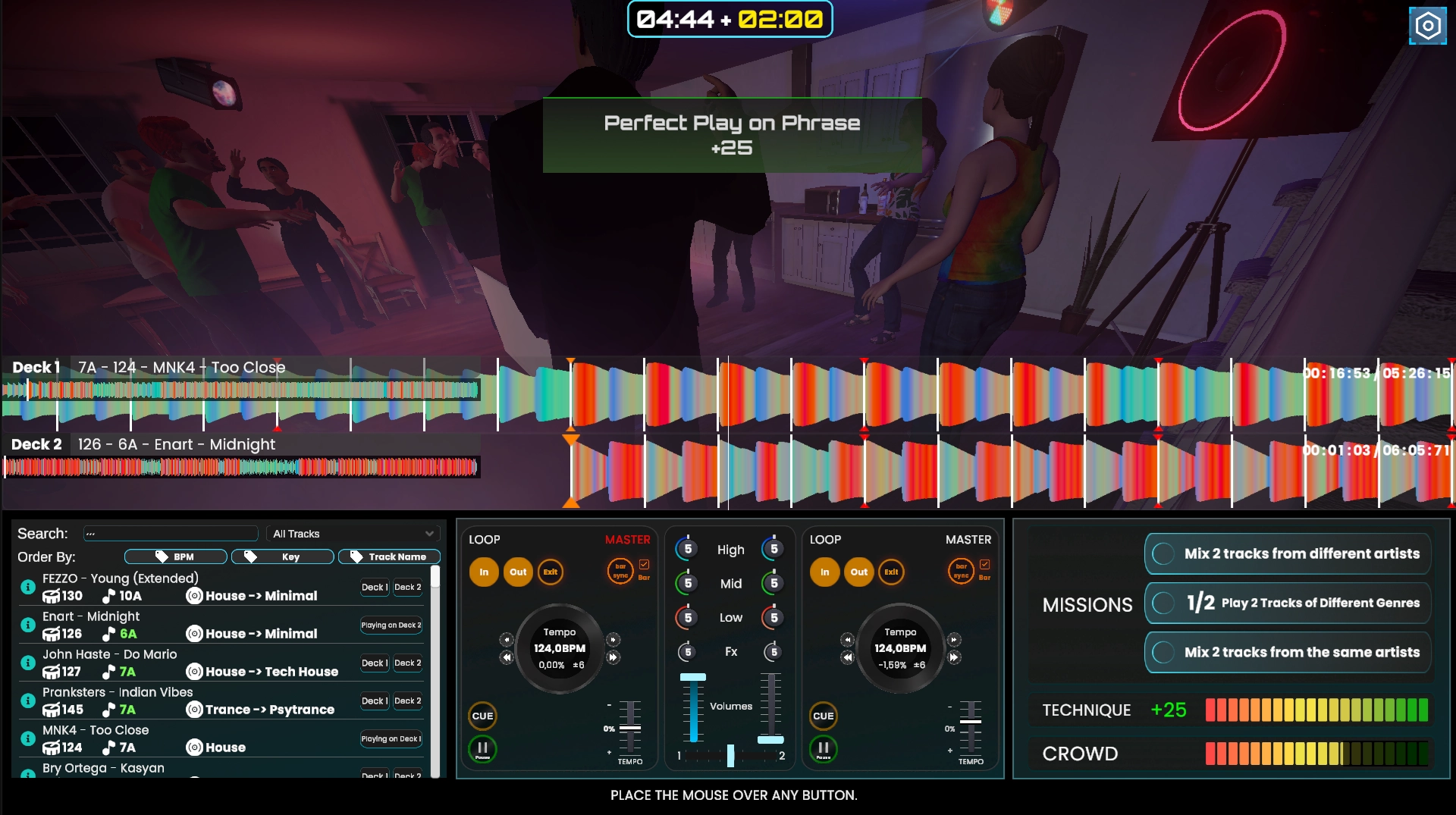 The DJ Life Simulator mixing interface mid-set, showing dual waveforms, tempo and loop controls, and a Perfect Play on Phrase scoring popup
