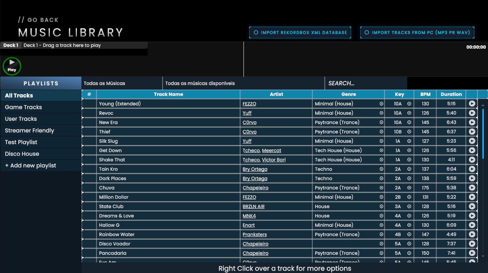 The DJ Life Simulator music library screen, showing imported tracks with detected key, BPM and duration alongside rekordbox XML and PC import options