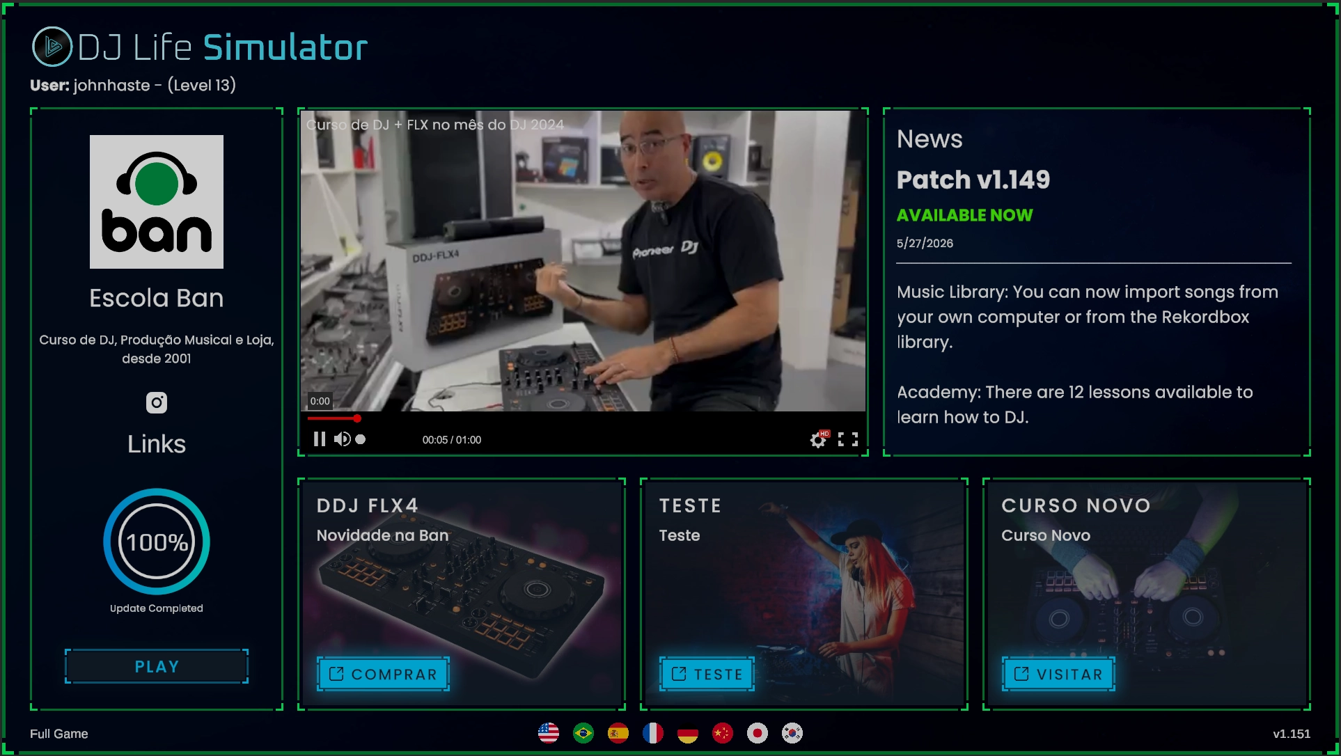 The DJ Life Simulator main menu displaying a partnered DJ school&rsquo;s page alongside patch notes